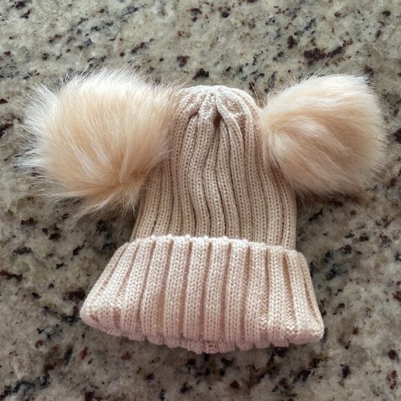Beige Knitted Baby Beanie With 2 Pom Poms - Picture 3 of 4